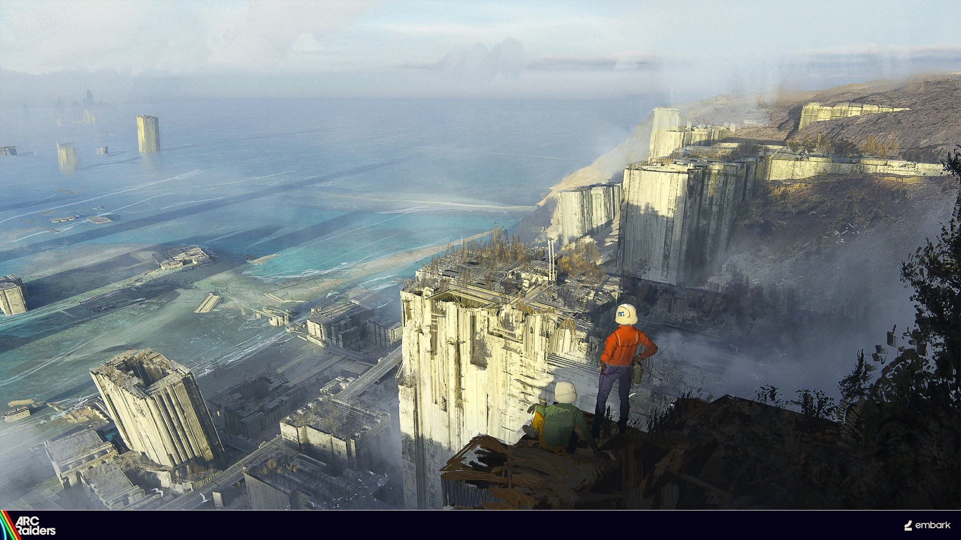 Arc Raiders Riven Tides concept art with raiders overlooking coastal megastructures from a cliff