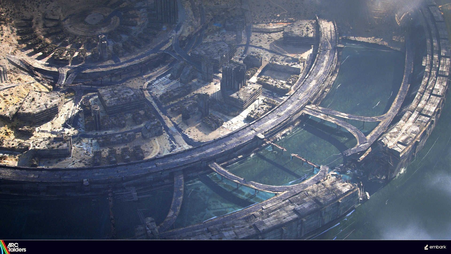 Arc Raiders Riven Tides concept art showing the ringed coastal city with seawalls and elevated highways