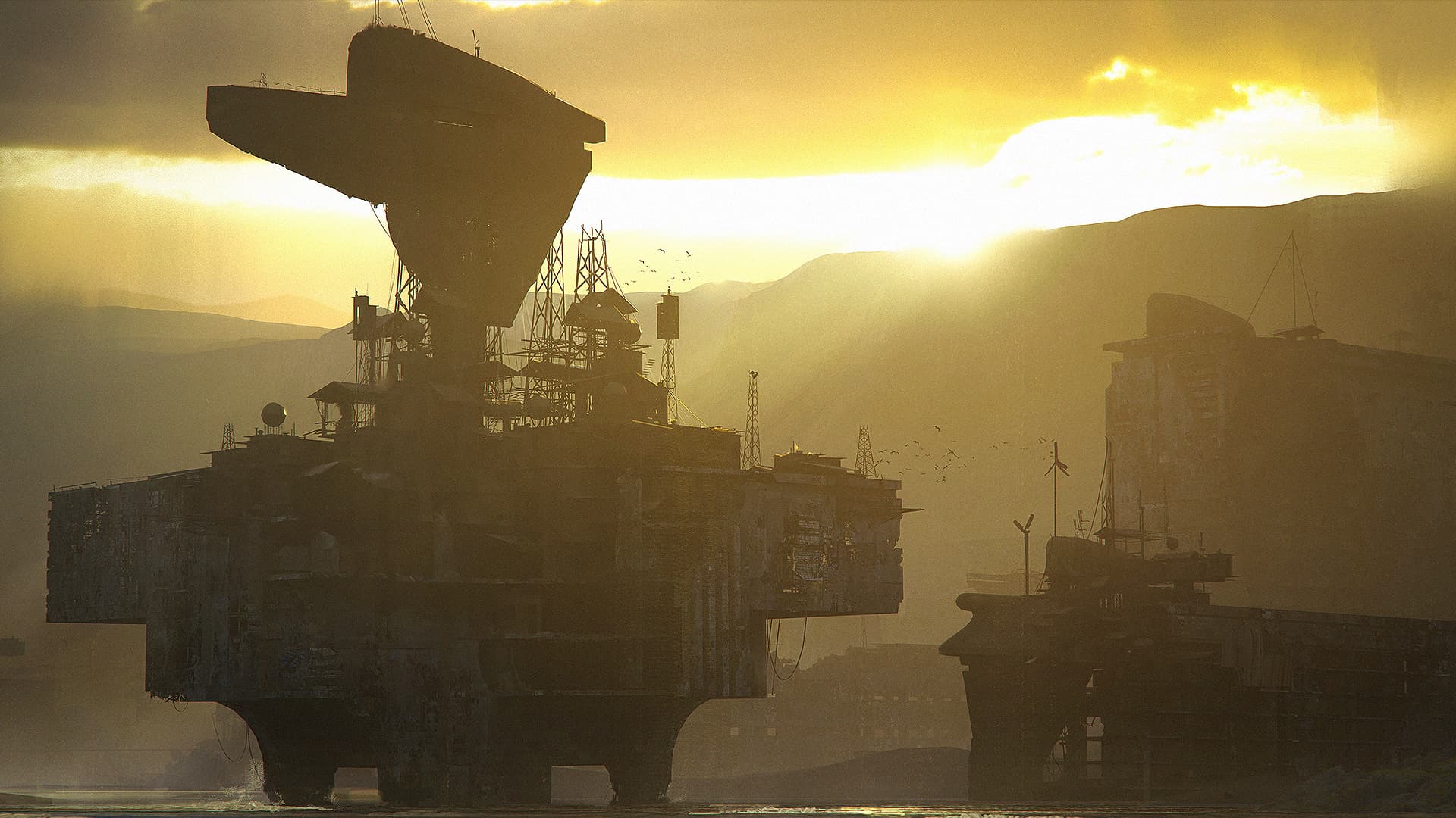 Arc Raiders Riven Tides concept art of the offshore platform point of interest at sunset